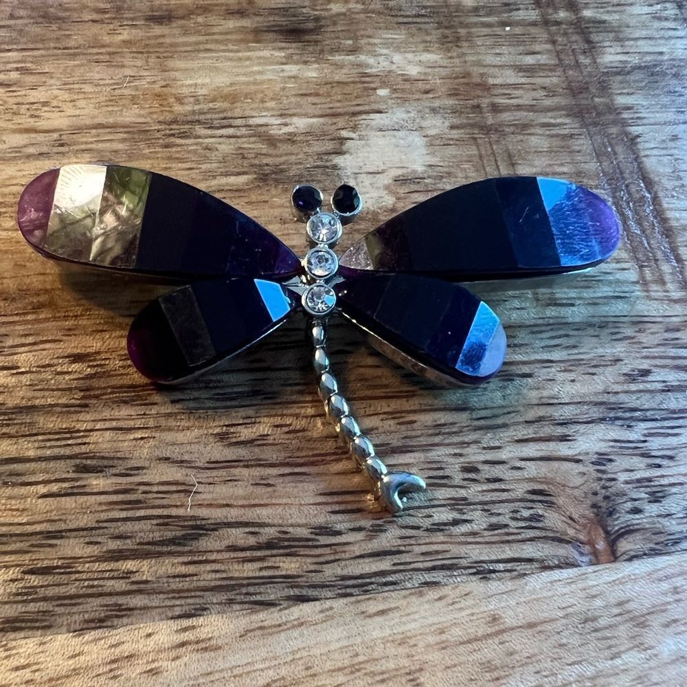 Silver tone rhinestone shiny dragonfly brooch pin